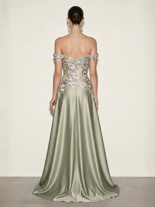 A-Line/Princess Off Shoulder Satin Maxi Evening Dresses with Sequin Floral Bodice & Sweep Train