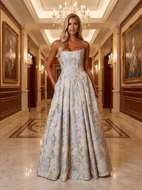 A-Line/Princess Strapless Jacquard Pleated Maxi Corset Evening Dresses for Women