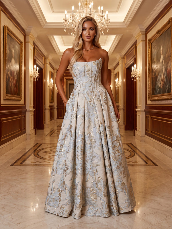A-Line/Princess Strapless Jacquard Pleated Maxi Corset Evening Dresses for Women