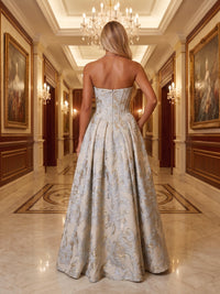 A-Line/Princess Strapless Jacquard Pleated Maxi Corset Evening Dresses for Women