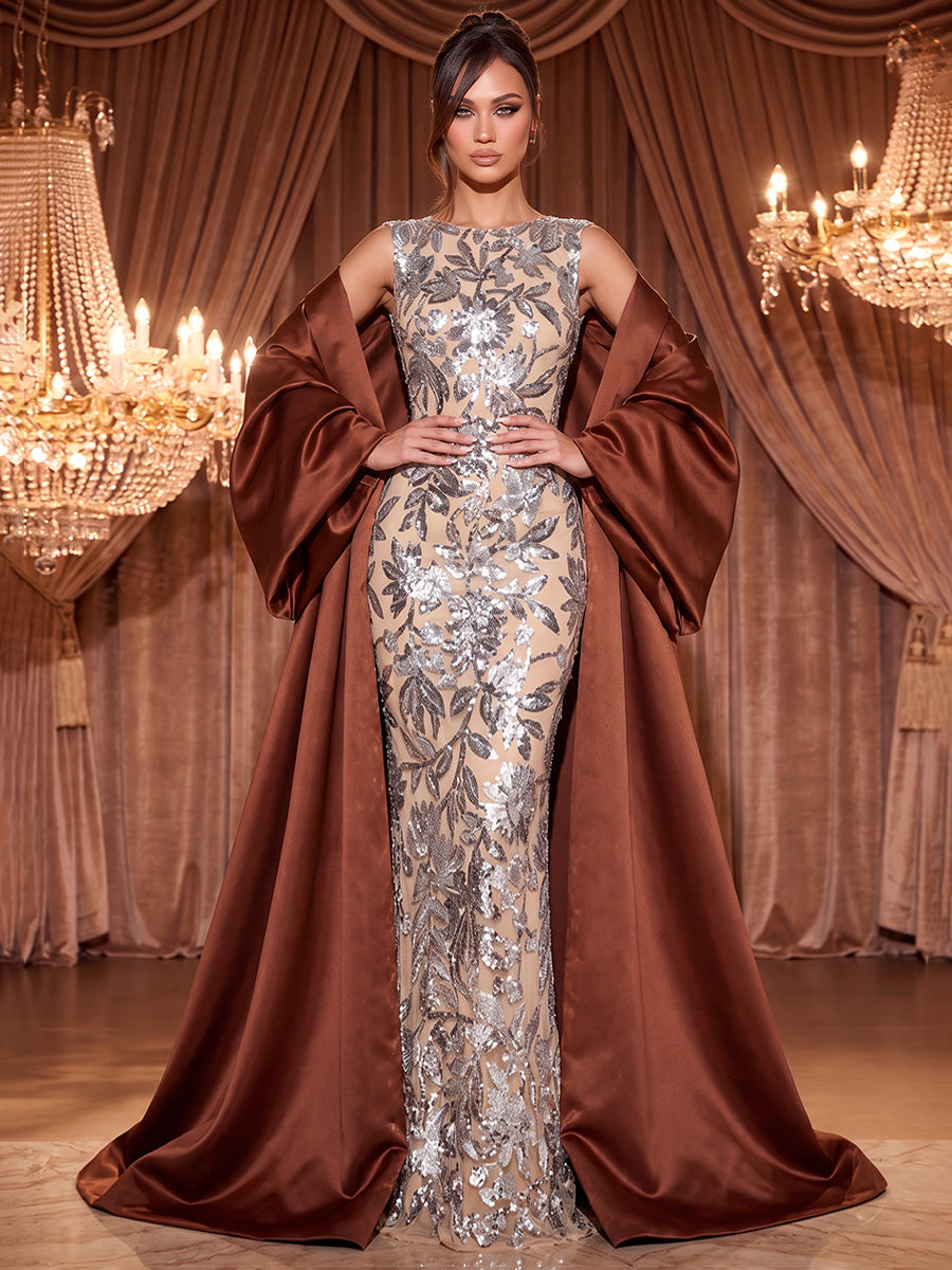 Sheath/Column Scoop Neck Sequin Floral Maxi Evening Dresses with Satin Sweep Train Cape