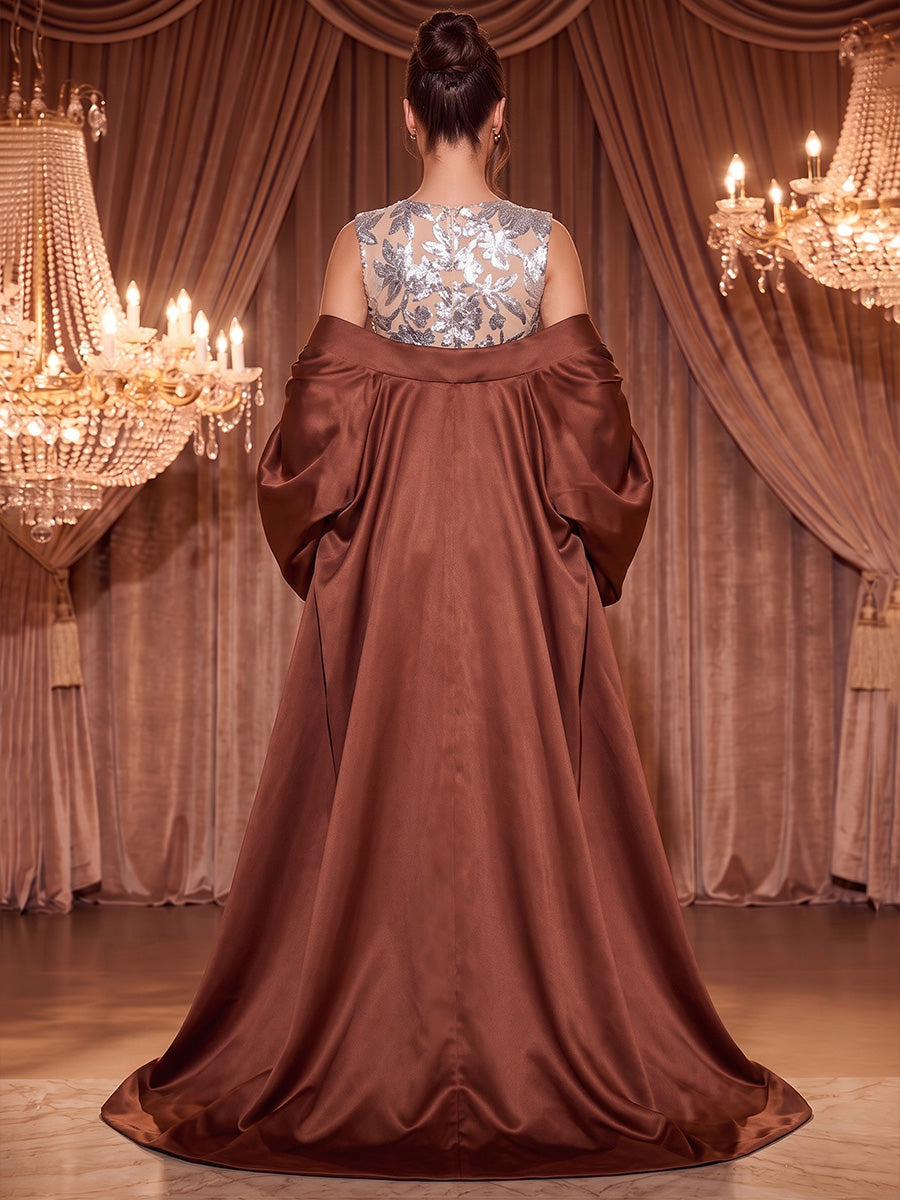 Sheath/Column Scoop Neck Sequin Floral Maxi Evening Dresses with Satin Sweep Train Cape