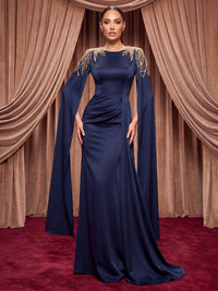 Sheath/Column Scoop Neck Satin Maxi Evening Dresses with Rhinestones