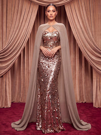 Sheath/Column Strapless Sequin Maxi Evening Dresses with 3D Flowers & Chiffon Cape