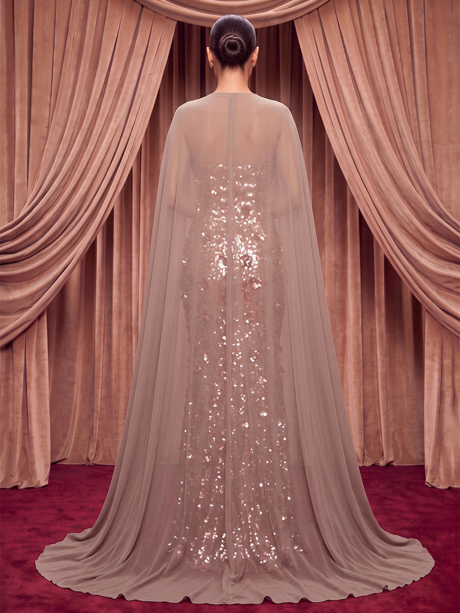 Sheath/Column Strapless Sequin Maxi Evening Dresses with 3D Flowers & Chiffon Cape