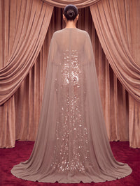 Sheath/Column Strapless Sequin Maxi Evening Dresses with 3D Flowers & Chiffon Cape