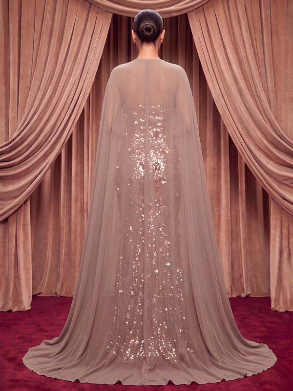 Sheath/Column Strapless Sequin Maxi Evening Dresses with 3D Flowers & Chiffon Cape