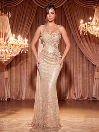 Sheath/Column One Shoulder Sequin Maxi Evening Dresses with 3D Flowers & Corset