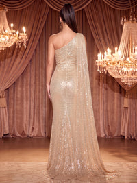 Sheath/Column One Shoulder Sequin Maxi Evening Dresses with 3D Flowers & Corset