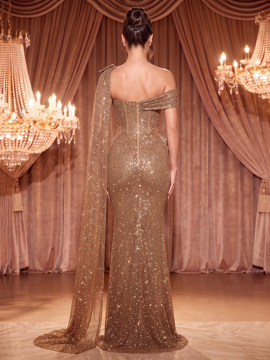 Sheath/Column Off Shoulder Sequin Maxi Evening Dresses with Corset Bodice & Side Sash