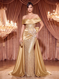 Sheath/Column Off Shoulder Sequin Maxi Evening Dresses with Corset Bodice & Satin Sweep Train