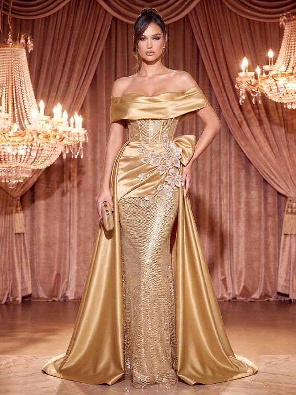 Sheath/Column Off Shoulder Sequin Maxi Evening Dresses with Corset Bodice & Satin Sweep Train