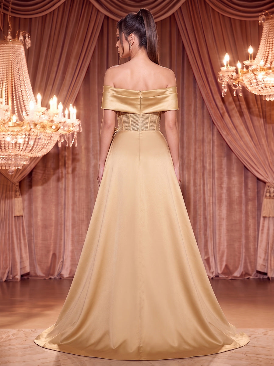 Sheath/Column Off Shoulder Sequin Maxi Evening Dresses with Corset Bodice & Satin Sweep Train