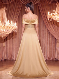 Sheath/Column Off Shoulder Sequin Maxi Evening Dresses with Corset Bodice & Satin Sweep Train