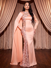 Sheath/Column Scoop Neck Satin Maxi Evening Dresses with 3D Flowers & Side Draped Sash