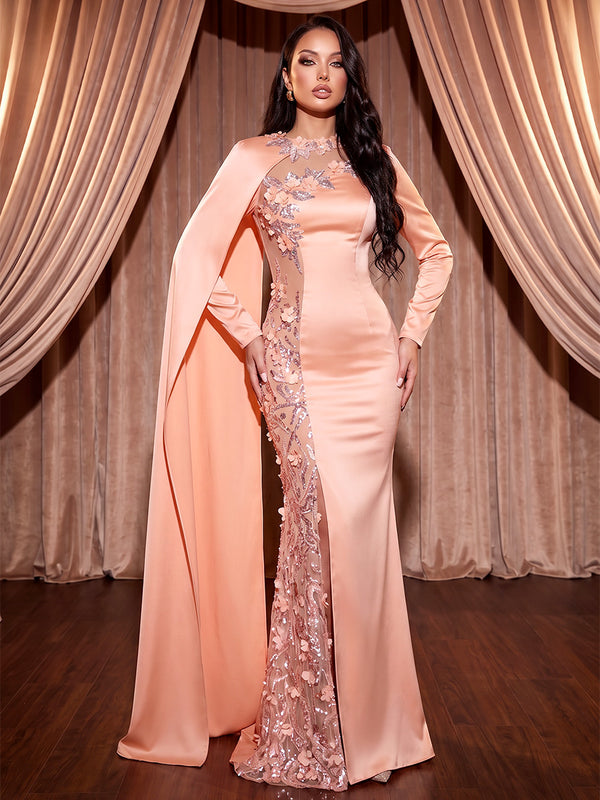 Sheath/Column Scoop Neck Satin Maxi Evening Dresses with 3D Flowers & Side Draped Sash