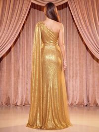 Sheath/Column One Shoulder Metallic Satin Maxi Evening Dresses with Side Draped Sash