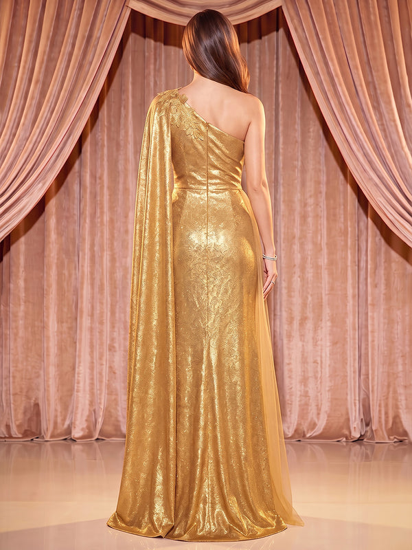 Sheath/Column One Shoulder Metallic Satin Maxi Evening Dresses with Side Draped Sash