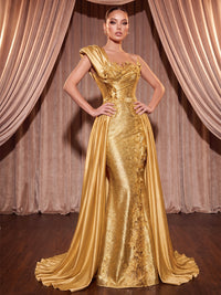 Sheath/Column One Shoulder Metallic Satin Maxi Evening Dresses with Sweep Train