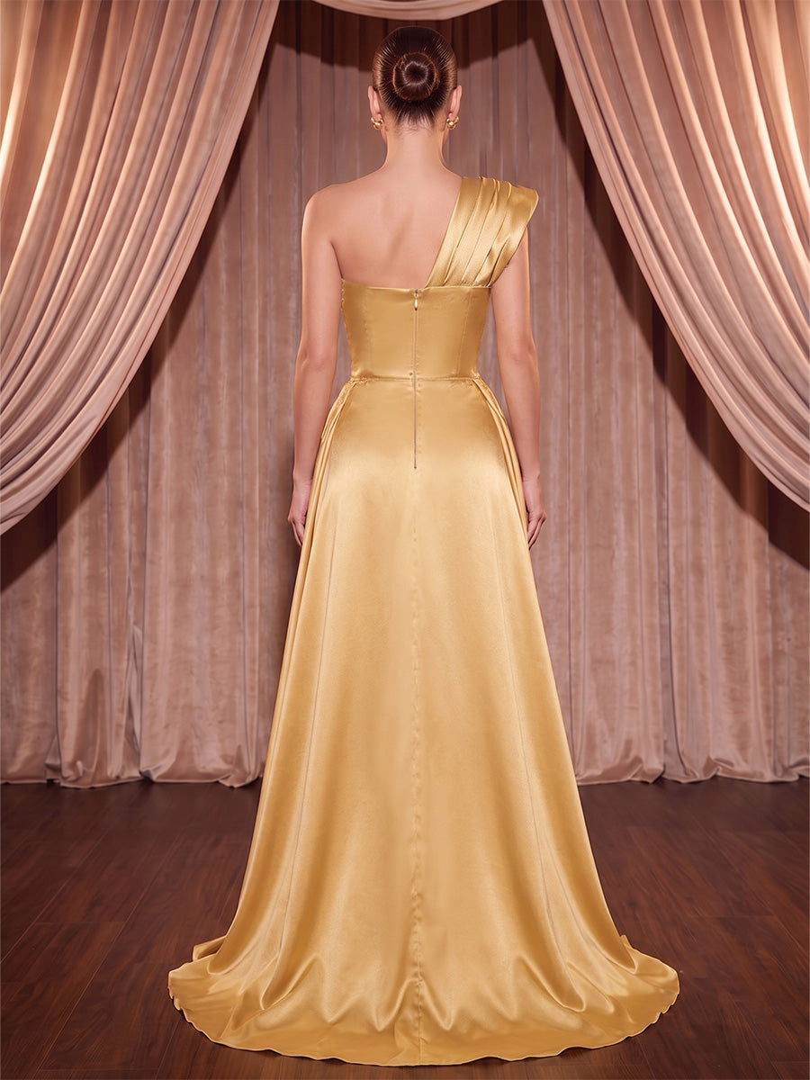 Sheath/Column One Shoulder Metallic Satin Maxi Evening Dresses with Sweep Train