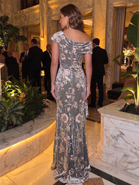 Sheath/Column Velvet Off Shoulder Sequin Floral Maxi Evening Dresses with Ruched Bodice & Ruffles
