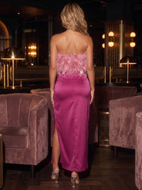 Sheath/Column Strapless Satin Maxi Evening Dresses with Feather Trim & High Slit