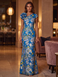 Sheath/Column Asymmetric Neck Jacquard Maxi Evening Dresses with 3D Flowers