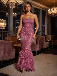 Mermaid/Trumpet Strapless Sequin Maxi Evening Dresses with Feather Trim