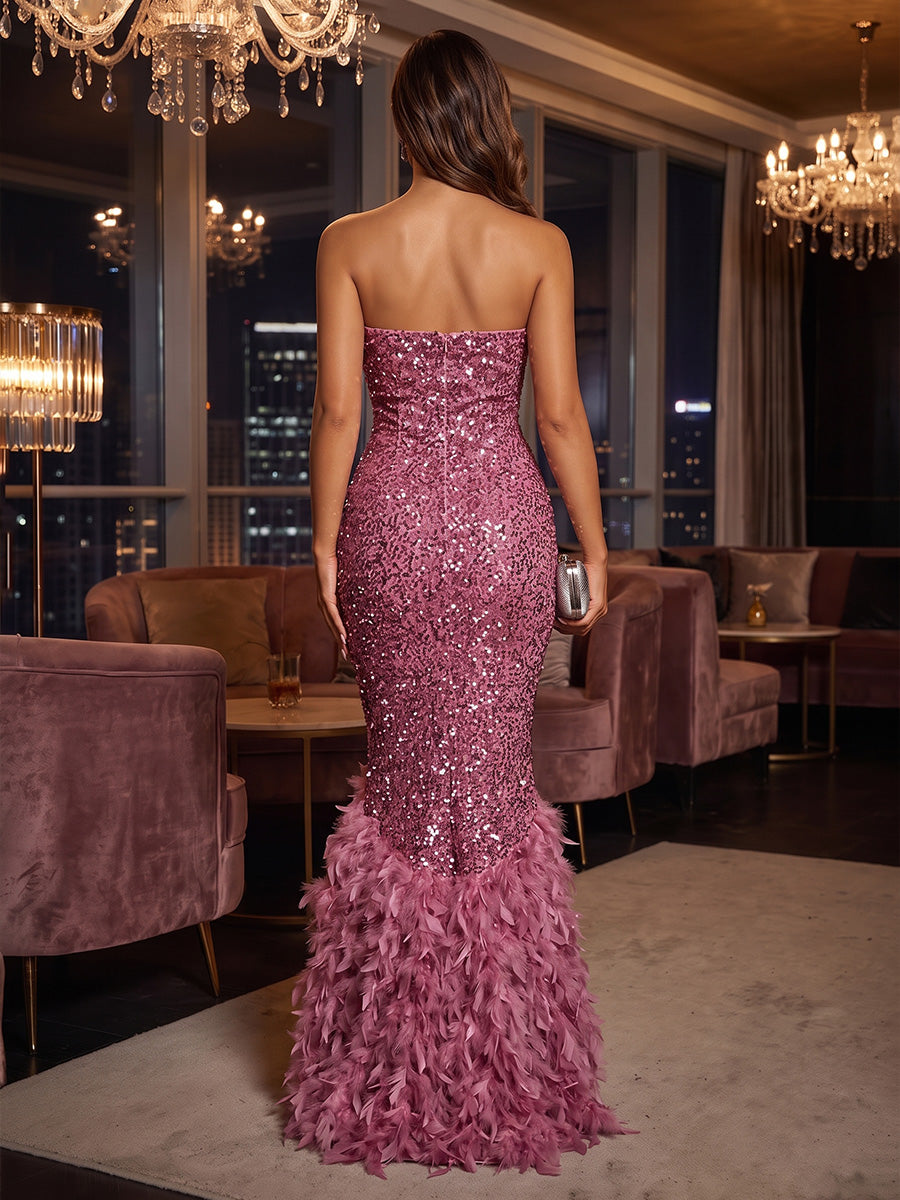 Mermaid/Trumpet Strapless Sequin Maxi Evening Dresses with Feather Trim