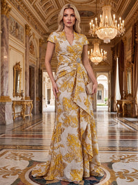 Mermaid/Trumpet V-Neck Jacquard Maxi Evening Dresses with Ruffles & Ruched Waist