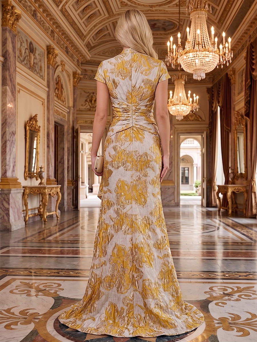 Mermaid/Trumpet V-Neck Jacquard Maxi Evening Dresses with Ruffles & Ruched Waist