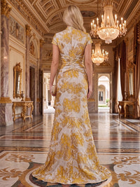 Mermaid/Trumpet V-Neck Jacquard Maxi Evening Dresses with Ruffles & Ruched Waist