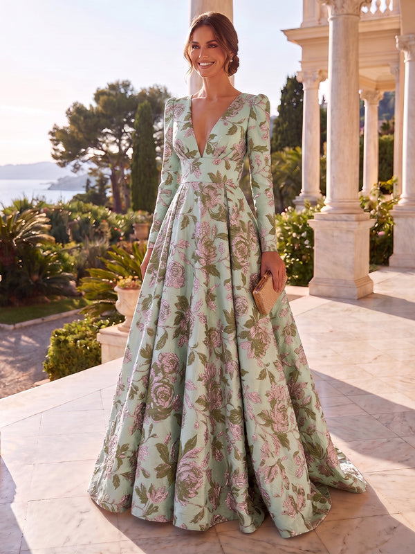 A-Line/Princess V-Neck Jacquard Maxi Evening Dresses with Pleats