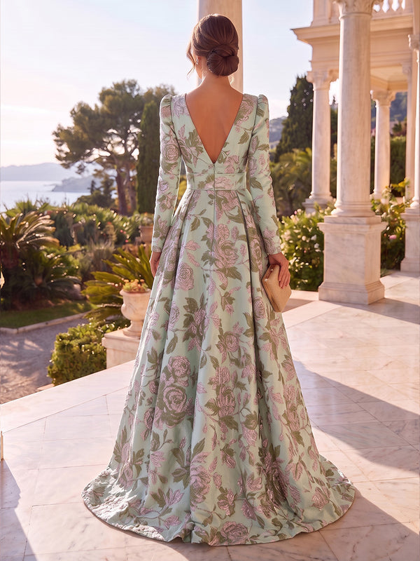 A-Line/Princess V-Neck Jacquard Maxi Evening Dresses with Pleats