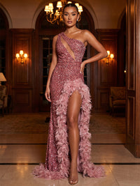 Sheath/Column One Shoulder Sequin Maxi Evening Dresses with Feather Trim & High Slit