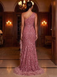 Sheath/Column One Shoulder Sequin Maxi Evening Dresses with Feather Trim & High Slit
