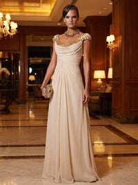 A-Line/Princess Scoop Neck Chiffon Maxi Evening Dresses with Ruched Waist & Sequin