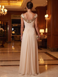 A-Line/Princess Scoop Neck Chiffon Maxi Evening Dresses with Ruched Waist & Sequin