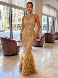 Mermaid/Trumpet Halter Sequin Maxi Evening Dresses with Feather Trim