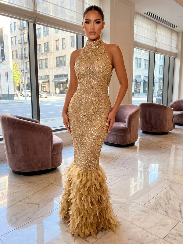 Mermaid/Trumpet Halter Sequin Maxi Evening Dresses with Feather Trim