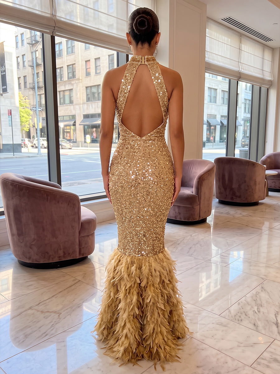 Mermaid/Trumpet Halter Sequin Maxi Evening Dresses with Feather Trim
