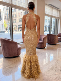 Mermaid/Trumpet Halter Sequin Maxi Evening Dresses with Feather Trim