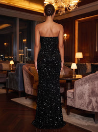 Sheath/Column Strapless Sequin Maxi Evening Dresses with Feather Trim & High Slit