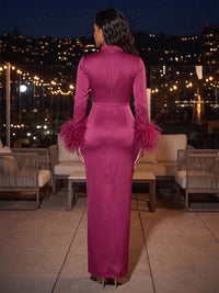 Sheath/Column High Neck Satin Maxi Evening Dresses with Fluffy Feather Trim Cuffs & High Slit