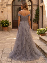 A-Line/Princess Off Shoulder Tulle Maxi Evening Dresses with Bow, Ruffles & Tiered Layers