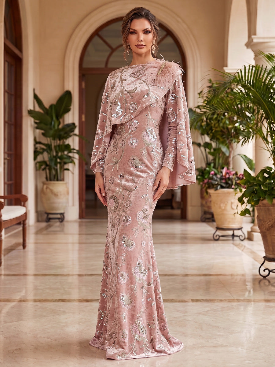 Mermaid/Trumpet Velvet Scoop Neck Sequin Floral Maxi Evening Dresses with Feather Trim & Cape