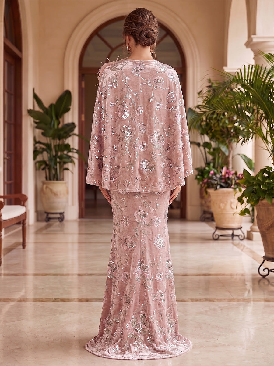 Mermaid/Trumpet Velvet Scoop Neck Sequin Floral Maxi Evening Dresses with Feather Trim & Cape