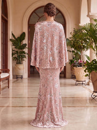 Mermaid/Trumpet Velvet Scoop Neck Sequin Floral Maxi Evening Dresses with Feather Trim & Cape
