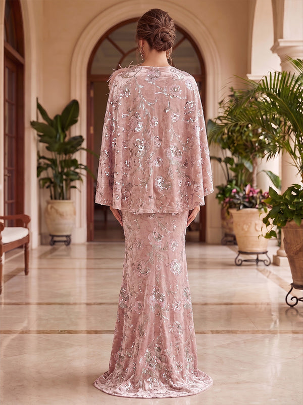 Mermaid/Trumpet Velvet Scoop Neck Sequin Floral Maxi Evening Dresses with Feather Trim & Cape
