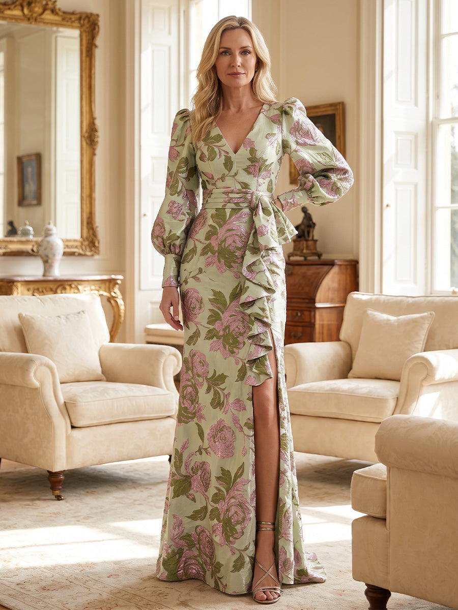 Sheath/Column V-Neck Jacquard Maxi Evening Dresses with Ruffles & High Slit